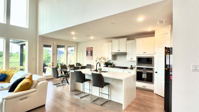 Dining room, Interior, Kitchen, Recessed Lighting, Stainless Steel Appliances, Wood Texture Flooring