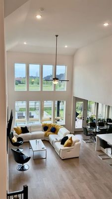 Dining room, Interior, Living room, Pendant Lights, Recessed Lighting, Wood Texture Flooring