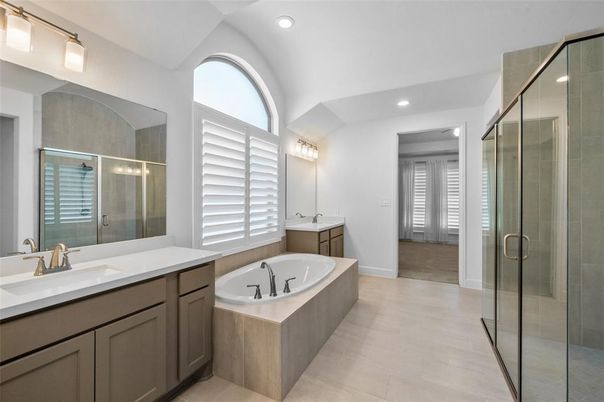 Bathroom, Dual Sink Vanities, Glass Shower, Interior, Recessed Lighting