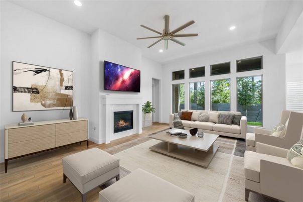 Fireplace, Interior, Living room, Recessed Lighting, Wood Texture Flooring