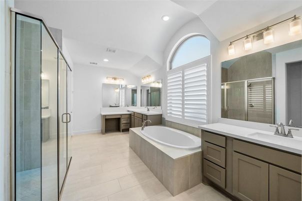 Bathroom, Dual Sink Vanities, Glass Shower, Interior, Recessed Lighting