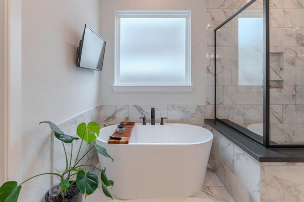 Bathroom, Free Standing Baths, Glass Shower, Interior, Marble, Marble Walls