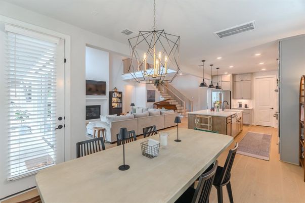 Dining room, Fireplace, Interior, Kitchen, Living room, Pendant Lights, Recessed Lighting, Wood Texture Flooring