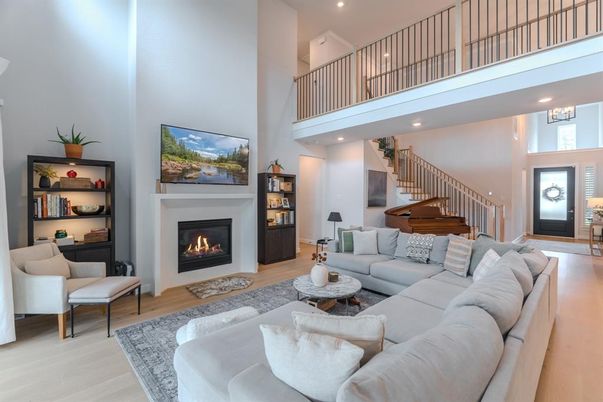 Fireplace, Interior, Living room, Piano, Recessed Lighting, Wood Texture Flooring