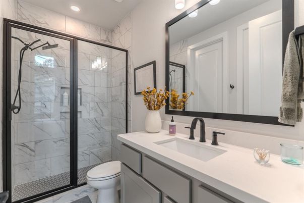 Bathroom, Glass Shower, Interior, Marble Walls, Recessed Lighting