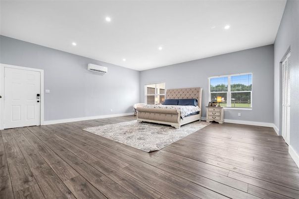 Bedroom, Interior, Recessed Lighting, Wood Texture Flooring