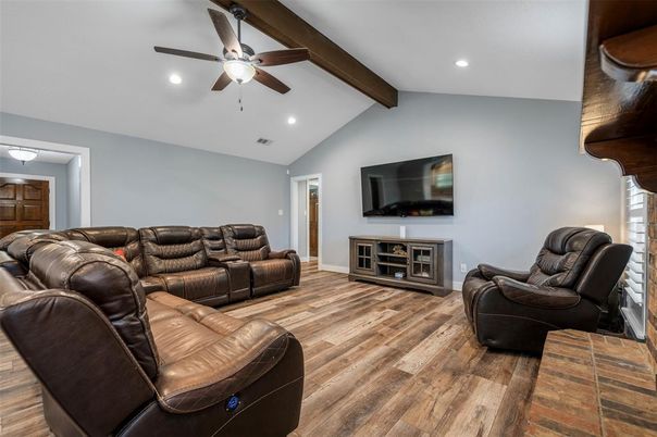 Home Theatre Room, Interior, Living room, Recessed Lighting, Wooden Beams, Wood Texture Flooring