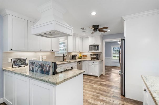 Interior, Kitchen, Recessed Lighting, Stainless Steel Appliances, Wood Texture Flooring