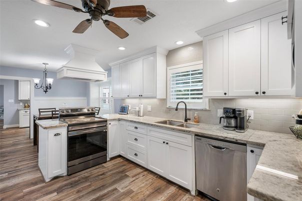 Chandelier, Interior, Kitchen, Recessed Lighting, Stainless Steel Appliances, Wood Texture Flooring