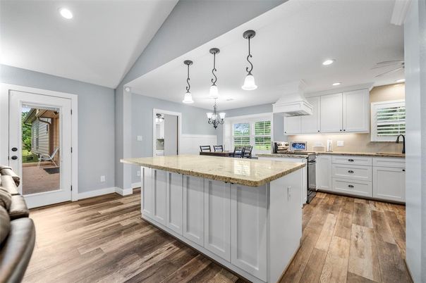 Chandelier, Interior, Kitchen, Pendant Lights, Recessed Lighting, Wood Texture Flooring