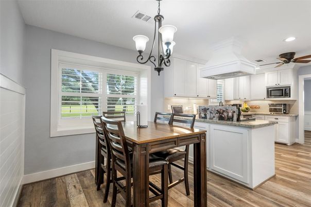 Dining room, Interior, Kitchen, Pendant Lights, Recessed Lighting, Wood Texture Flooring