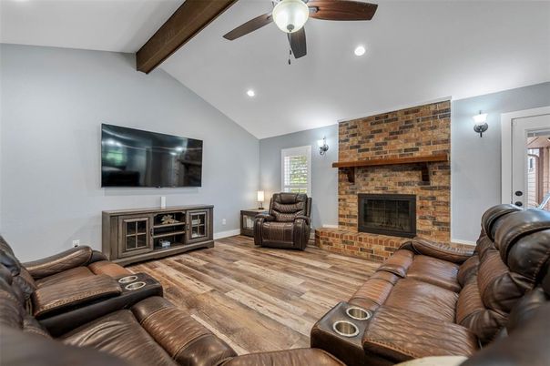 Home Theatre Room, Fireplace, Interior, Living room, Recessed Lighting, Stone Walls, Wooden Beams, Wood Texture Flooring