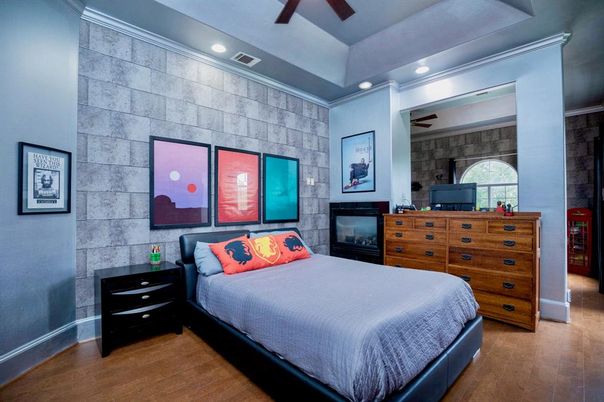 Bedroom, Interior, Recessed Lighting, Stone Walls, Wood Texture Flooring