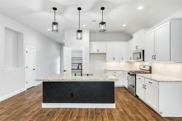 Interior, Kitchen, Pendant Lights, Recessed Lighting, Wood Texture Flooring