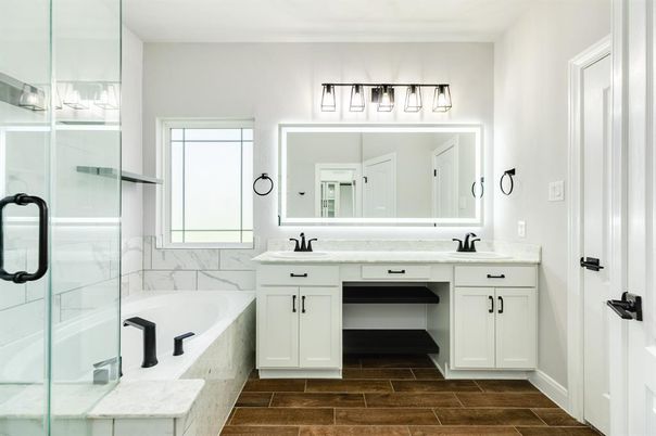 Bathroom, Dual Sink Vanities, Glass Shower, Interior, Wood Texture Flooring
