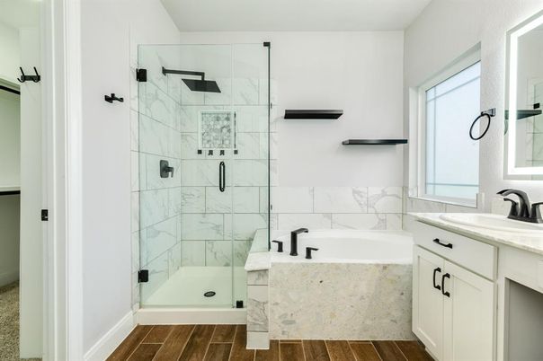 Bathroom, Glass Shower, Interior, Marble Walls, Wood Texture Flooring