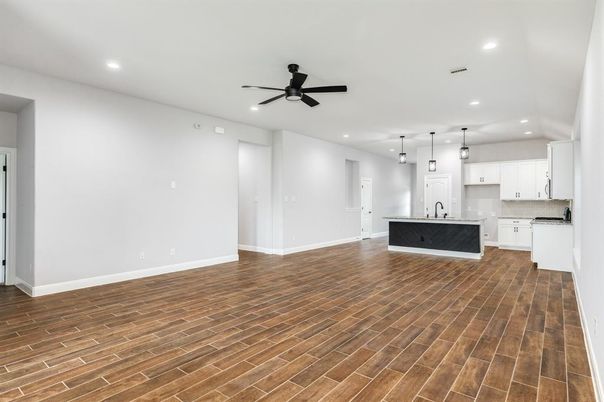 Empty room, Interior, Kitchen, Pendant Lights, Recessed Lighting, Wood Texture Flooring