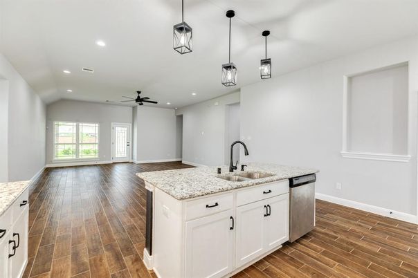 Interior, Kitchen, Pendant Lights, Recessed Lighting, Wood Texture Flooring