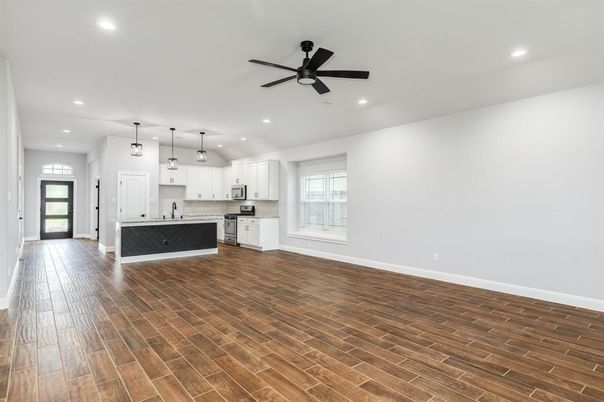 Empty room, Interior, Kitchen, Pendant Lights, Recessed Lighting, Wood Texture Flooring