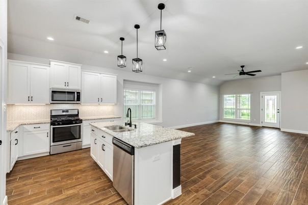 Interior, Kitchen, Pendant Lights, Recessed Lighting, Wood Texture Flooring
