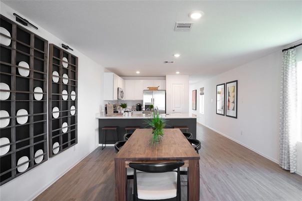 Dining room, Interior, Kitchen, Recessed Lighting, Wood Texture Flooring