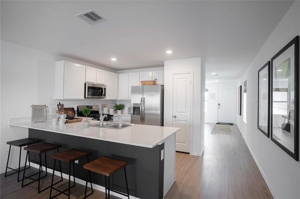 Interior, Kitchen, Recessed Lighting, Stainless Steel Appliances, Wood Texture Flooring