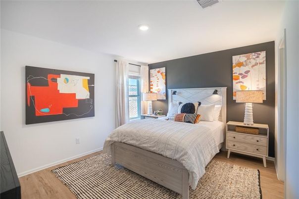 Bedroom, Interior, Recessed Lighting, Wood Texture Flooring