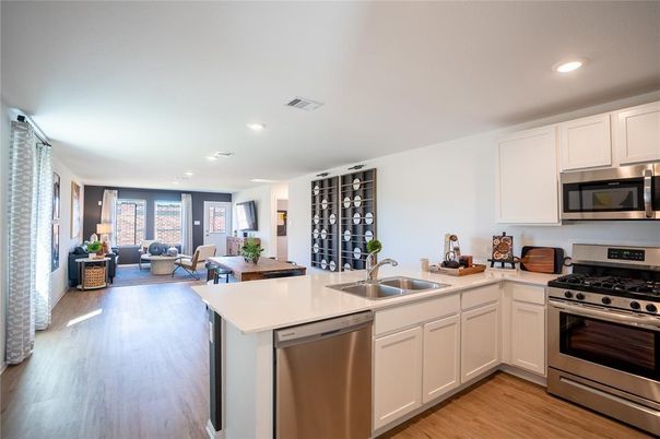 Interior, Kitchen, Living room, Recessed Lighting, Stainless Steel Appliances, Wood Texture Flooring