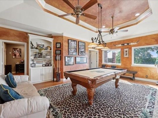 Billiard Table, Chandelier, Game Room, Interior, Pendant Lights, Recessed Lighting, Wood Texture Flooring