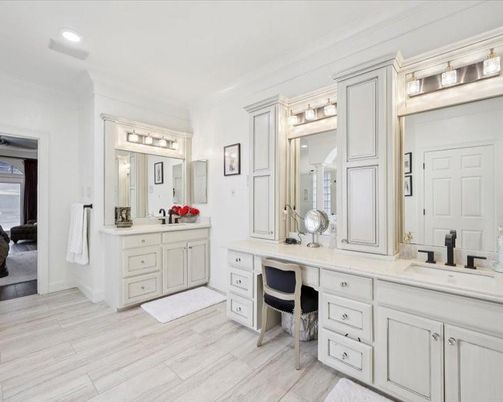 Bathroom, Dual Sink Vanities, Interior, Recessed Lighting, Wood Texture Flooring