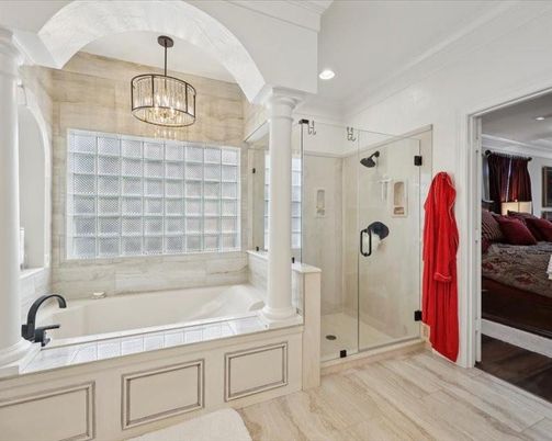 Bathroom, Bedroom, Glass Shower, Interior, Pendant Lights, Recessed Lighting, Wood Texture Flooring