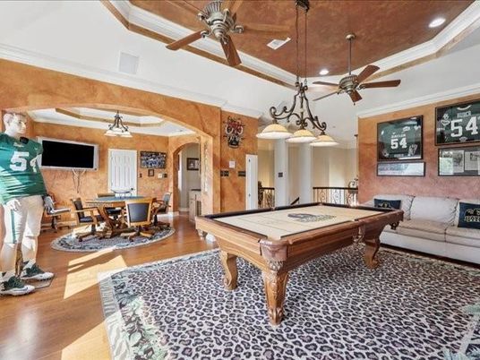 Billiard Table, Chandelier, Dining room, Game Room, Interior, Pendant Lights, Recessed Lighting, Wood Texture Flooring