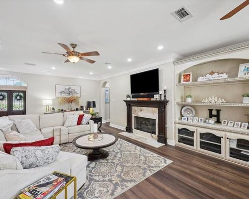 Fireplace, Interior, Living room, Recessed Lighting, Wood Texture Flooring
