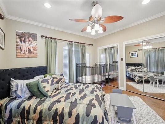 Bedroom, Interior, Recessed Lighting, Wood Texture Flooring