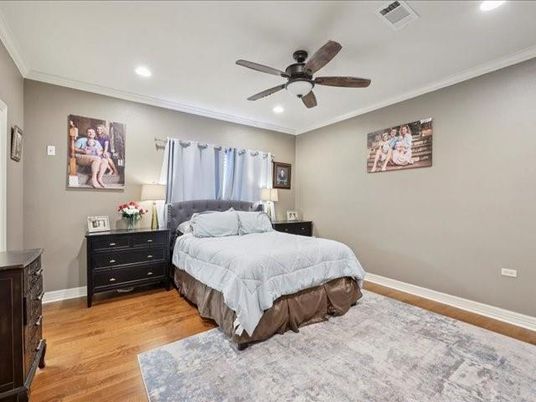 Bedroom, Interior, Recessed Lighting, Wood Texture Flooring