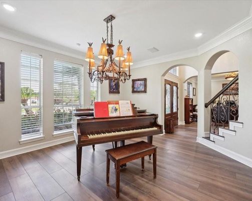 Chandelier, Interior, Piano, Recessed Lighting, Wood Texture Flooring