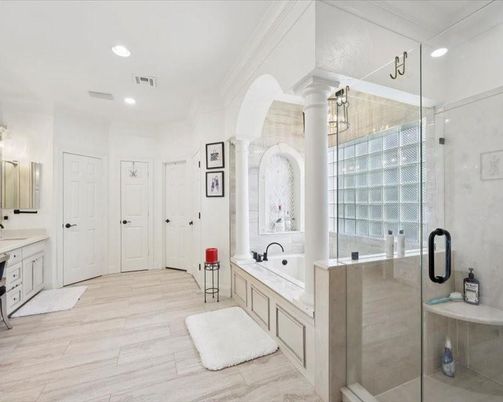 Bathroom, Glass Shower, Interior, Recessed Lighting, Wood Texture Flooring