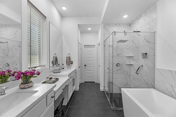Bathroom, Dual Sink Vanities, Glass Shower, Interior, Marble Walls, Recessed Lighting