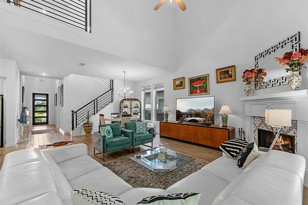 Chandelier, Dining room, Fireplace, Interior, Living room, Recessed Lighting, Wood Texture Flooring