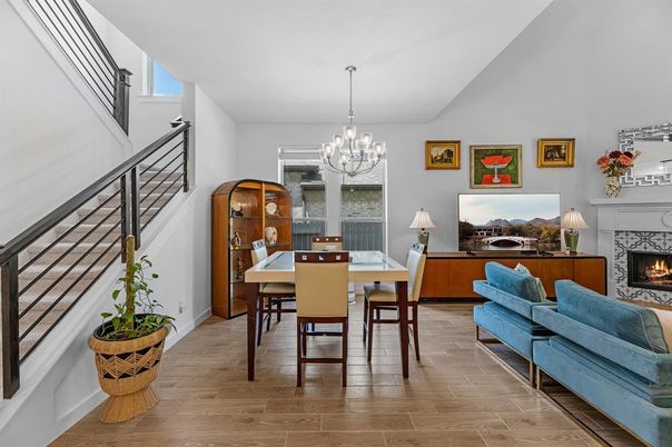 Chandelier, Dining room, Fireplace, Interior, Living room, Wood Texture Flooring