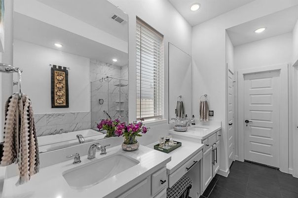 Bathroom, Dual Sink Vanities, Glass Shower, Interior, Marble Walls, Recessed Lighting