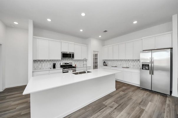 Interior, Kitchen, Recessed Lighting, Stainless Steel Appliances, Wood Texture Flooring