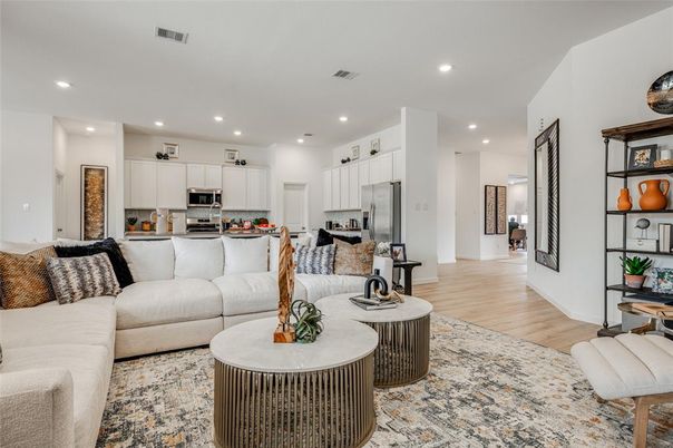 Interior, Kitchen, Living room, Recessed Lighting, Stainless Steel Appliances, Wood Texture Flooring
