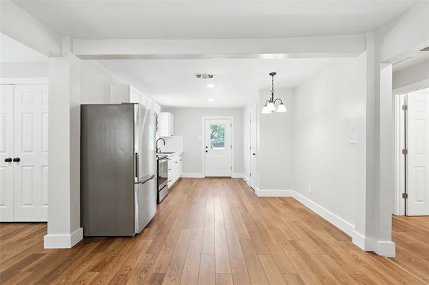 Interior, Kitchen, Pendant Lights, Recessed Lighting, Wood Texture Flooring