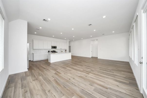 Empty room, Interior, Kitchen, Recessed Lighting, Wood Texture Flooring