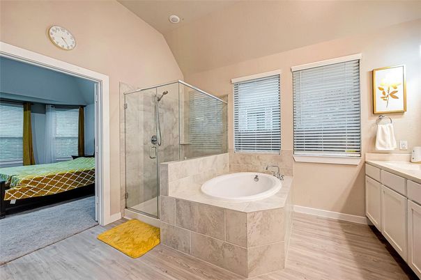 Bathroom, Glass Shower, Interior, Wood Texture Flooring