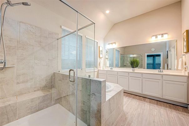Bathroom, Dual Sink Vanities, Glass Shower, Interior, Recessed Lighting, Tile Countertops, Wood Texture Flooring