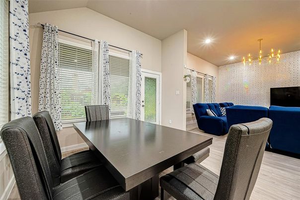 Dining room, Interior, Living room, Recessed Lighting, Wood Texture Flooring