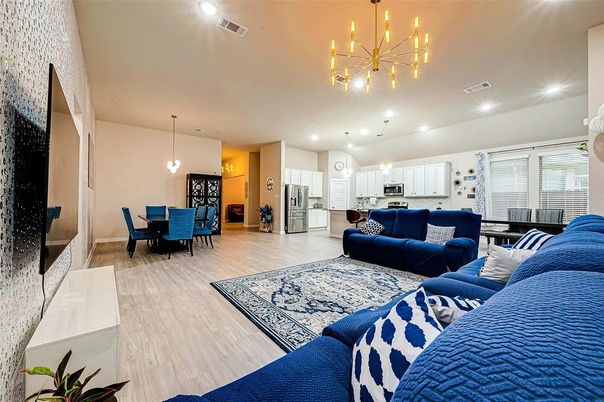 Dining room, Interior, Kitchen, Living room, Pendant Lights, Recessed Lighting, Stainless Steel Appliances, Wood Texture Flooring