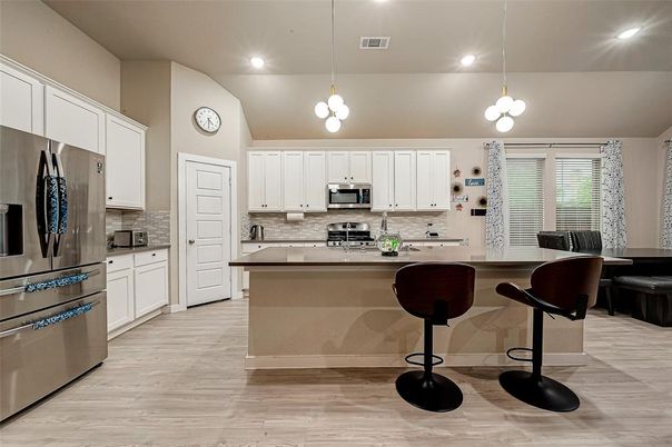 Interior, Kitchen, Pendant Lights, Recessed Lighting, Stainless Steel Appliances, Wood Texture Flooring
